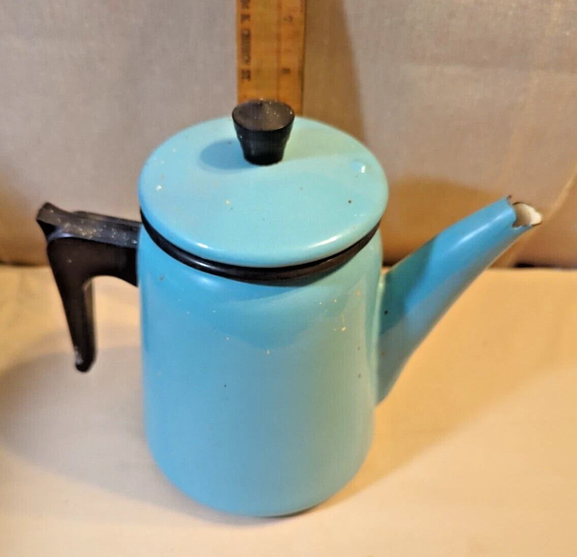 Vintage Robins Egg Blue enamelware  Coffee or Teapot France 9" black Handle.