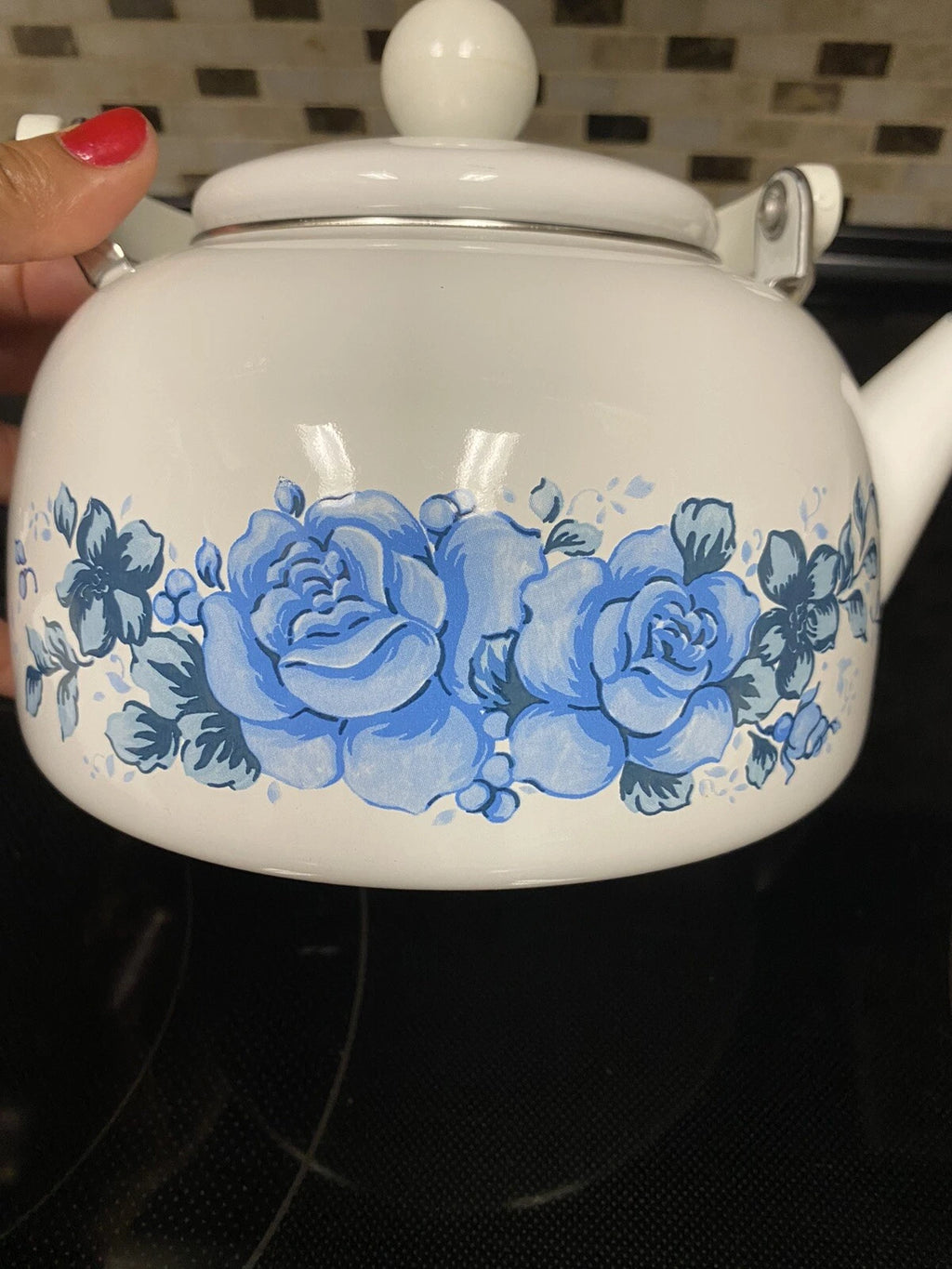 Vintage Enamel Lincoware Tea Pot Kettle White with Plastic Handle-Blue Flowers