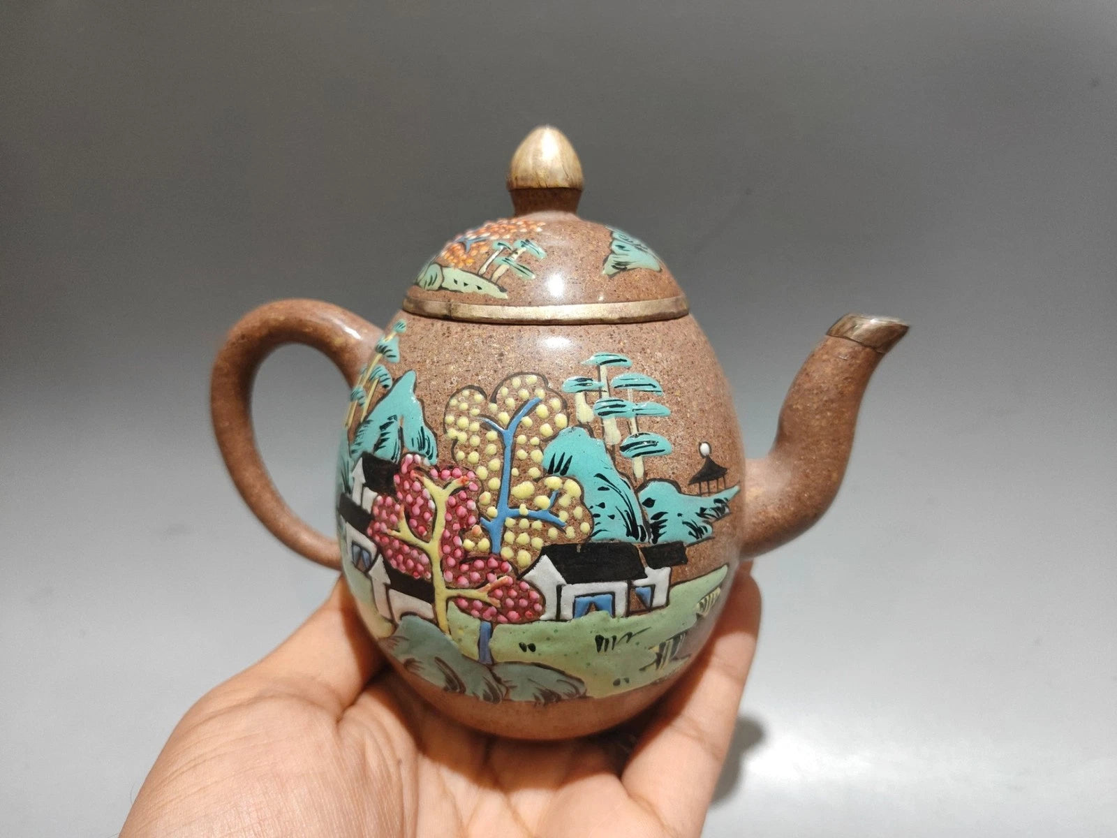 Purple Clay Tea Set Teapot Kettle Ceramic Carving Enamel Dragon Egg Landscape