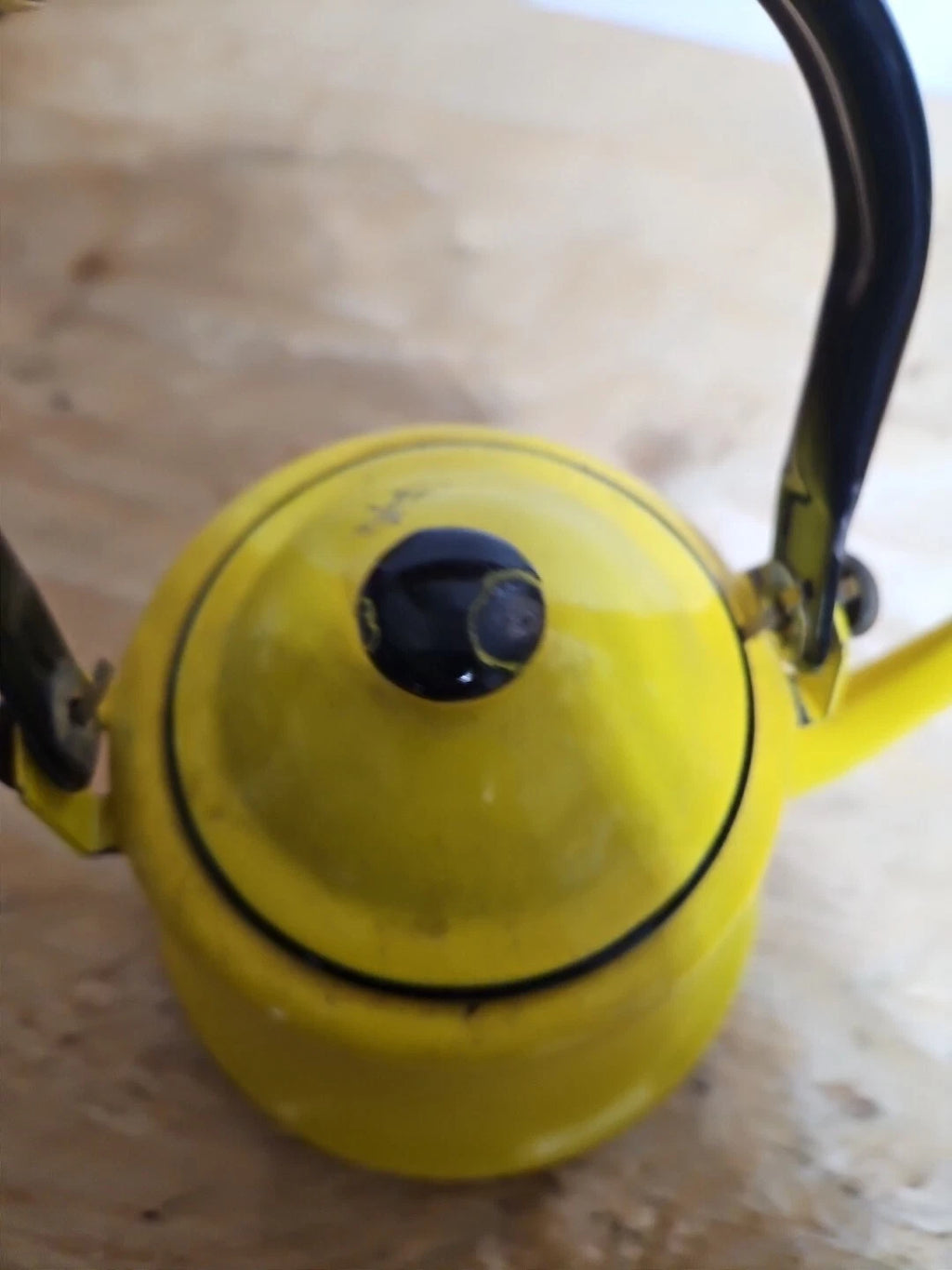 Vintage yellow and black enamel teapot kettle with handle and lid Japan