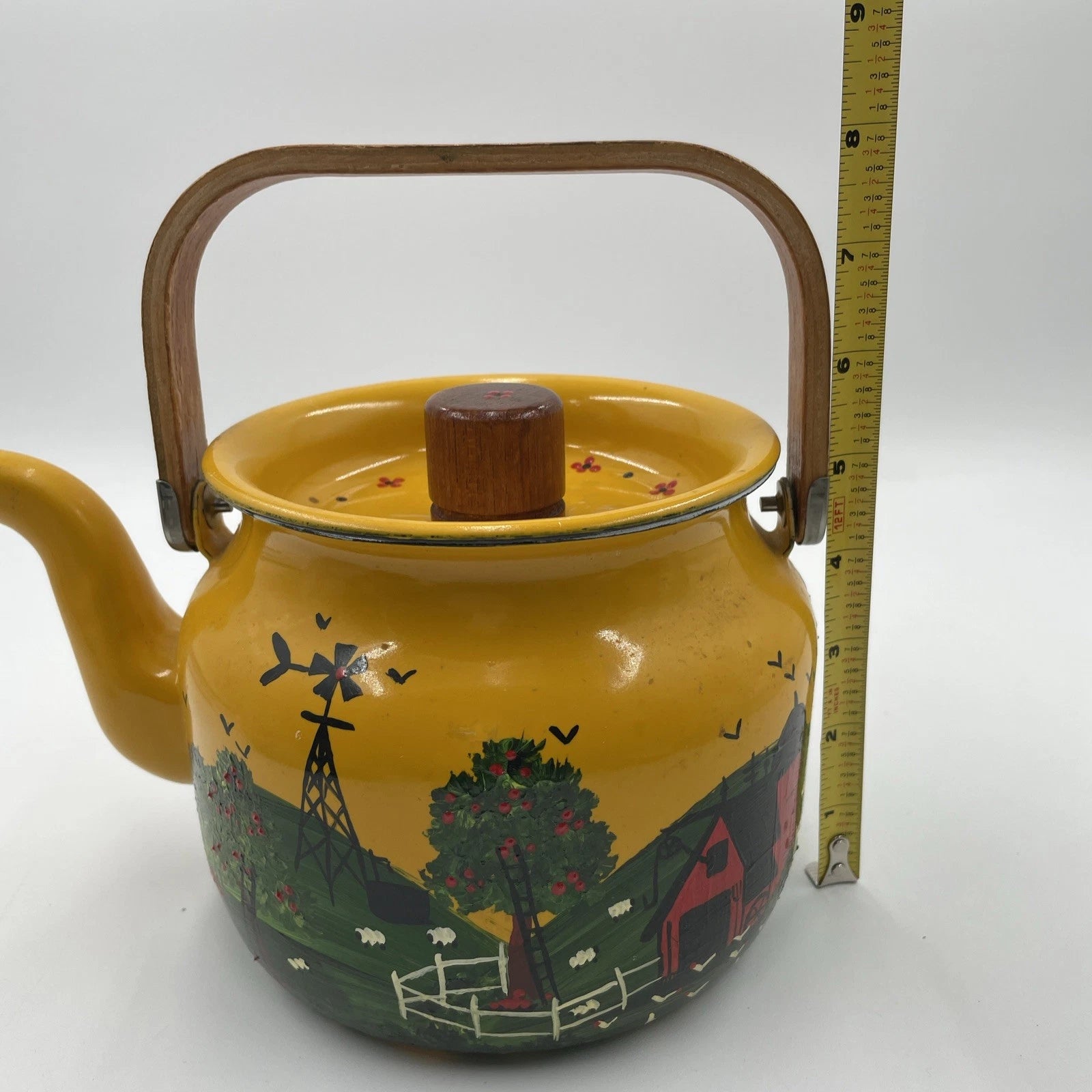 Vtg Hand Painted MCM Yellow Enamel Tea Kettle with Teak Wood Handle and Knob