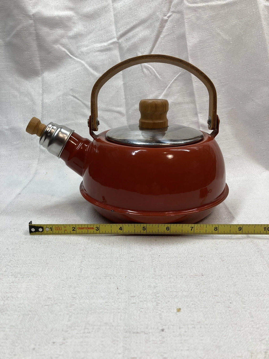 Vintage Teapot Kettle Brown MCM Retro Wooden Handle Japan Coffee Enamel