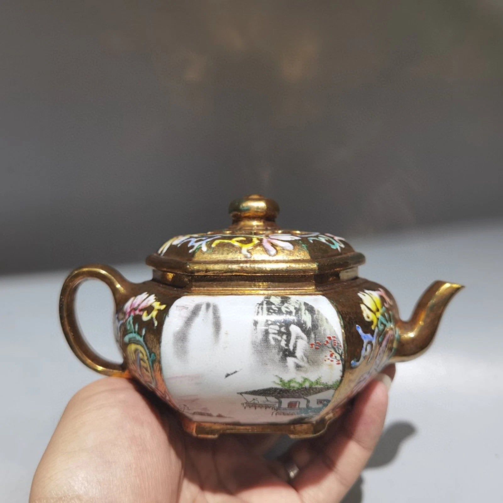 Chinese Clay Pot Traditional Tea Pots Strainer Vintage Art Deco Gilded Enamel