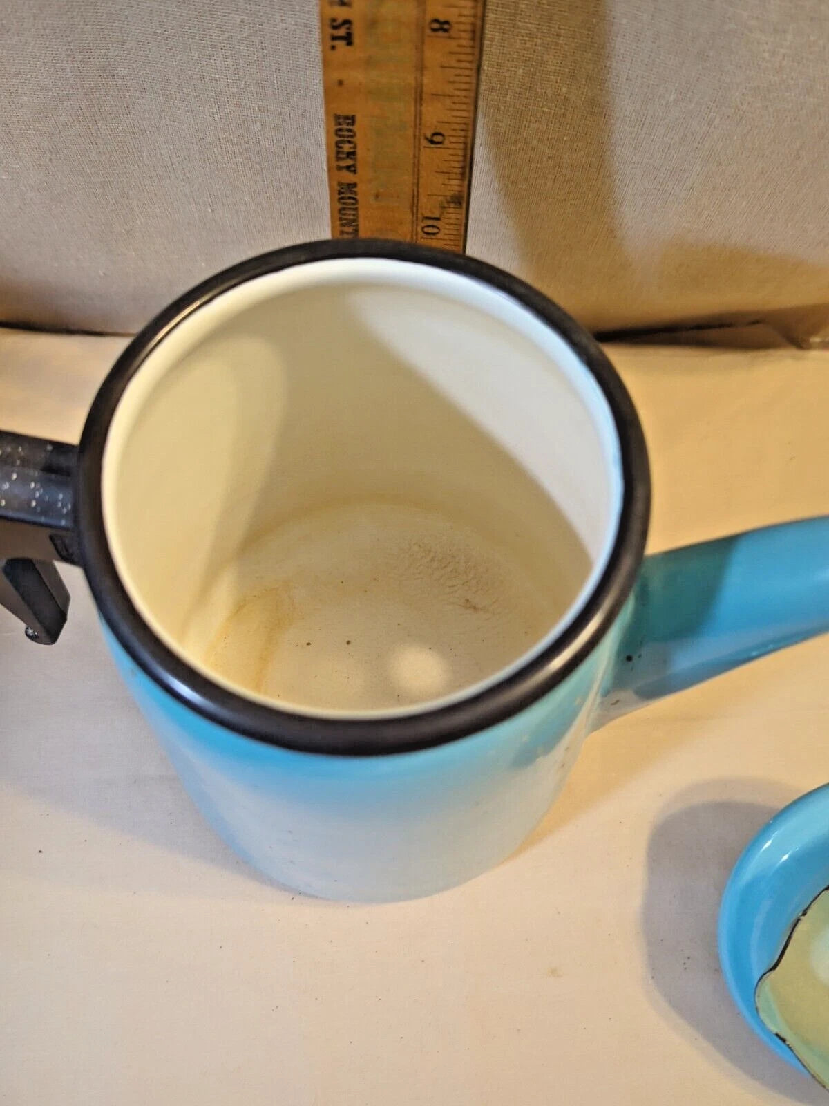 Vintage Robins Egg Blue enamelware  Coffee or Teapot France 9" black Handle.