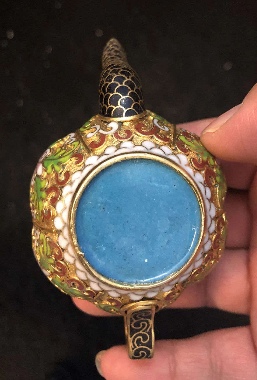 Vintage Cloisonne Enamel and Bronze Small "Pumpkin" Teapot, Black Tip, Pink Top