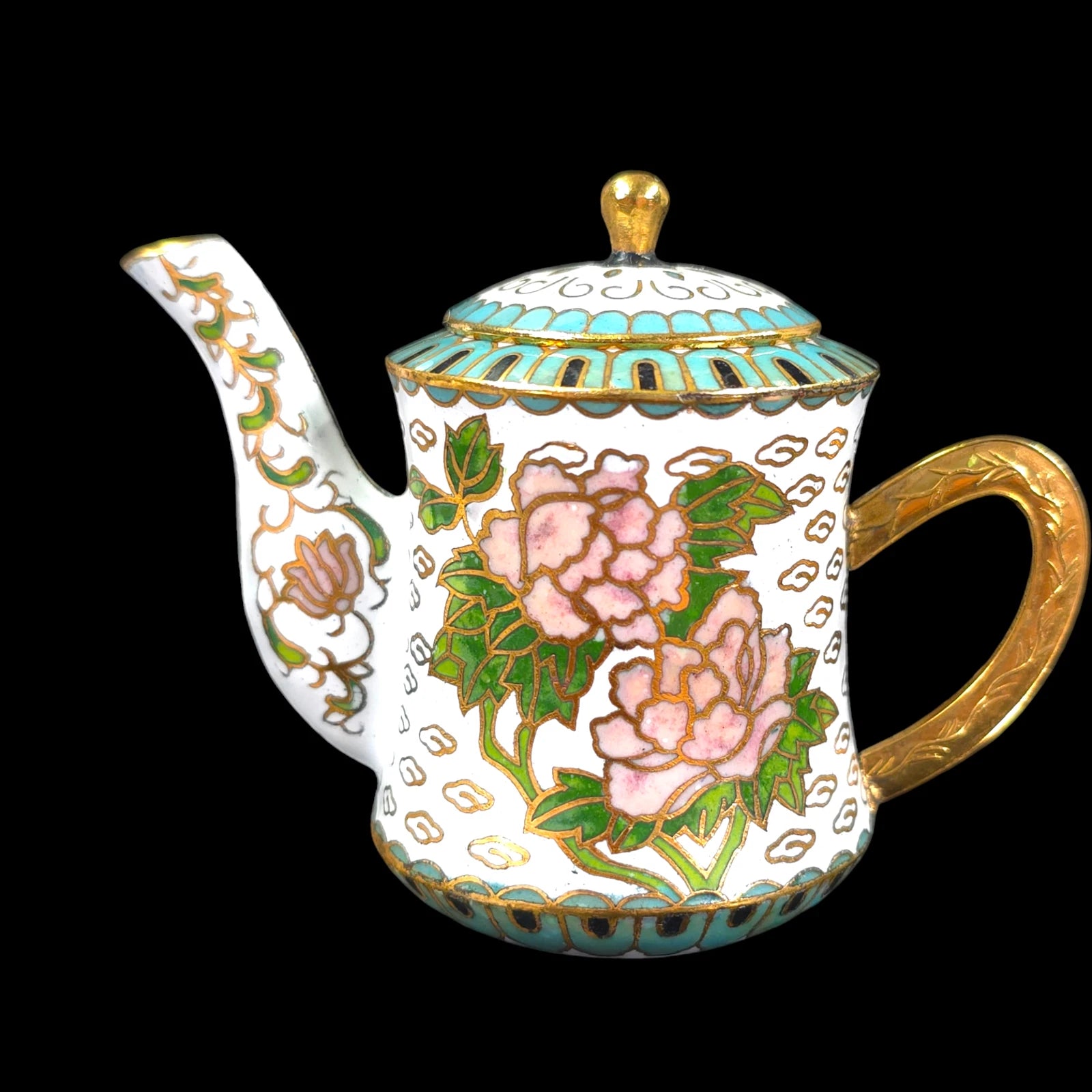 Vintage Enamel Cloisonne Miniature Teapot, Pink Rose Floral, Turquoise, 2.5" H