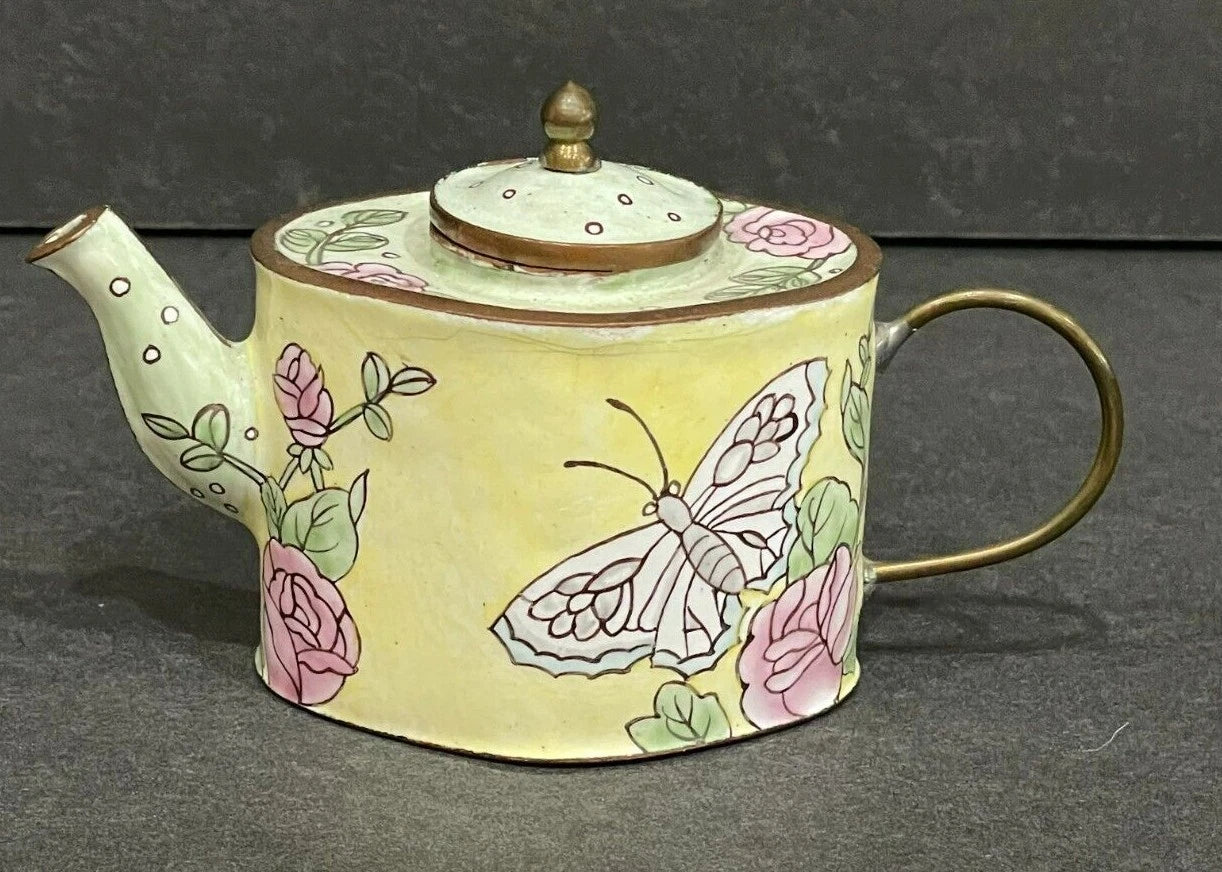 Miniature Enamel Handpainted Teapot - Butterflies - Unsigned