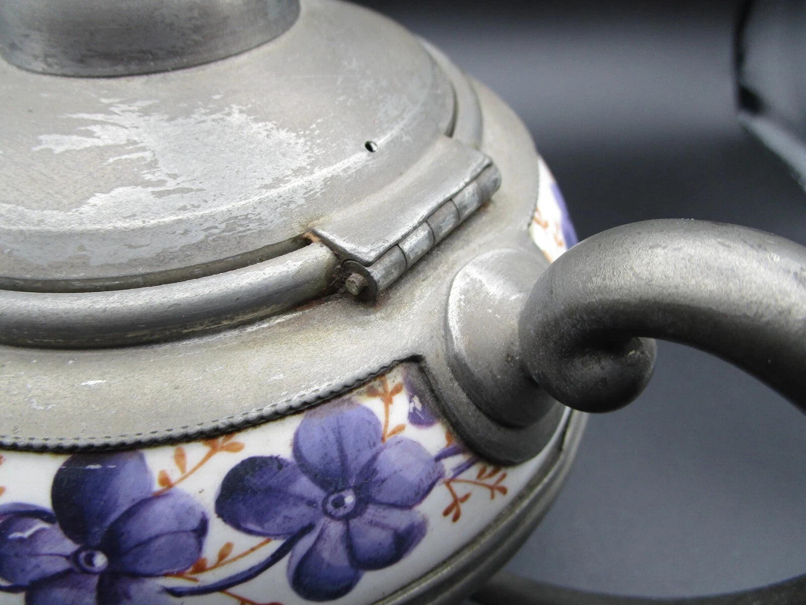 Graniteware enamel pewter teapot purple floral design Manning, Bowman Co.