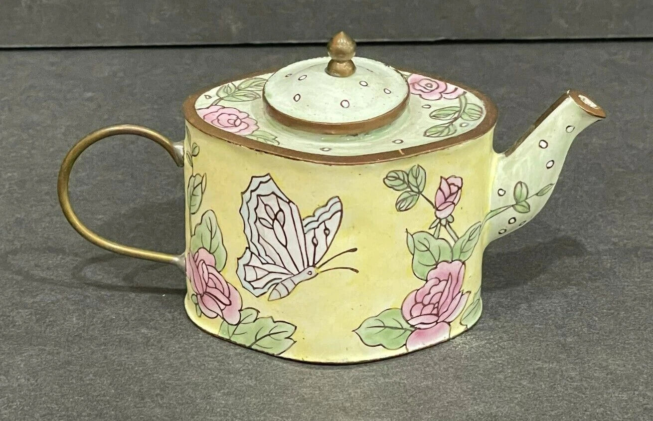 Miniature Enamel Handpainted Teapot - Butterflies - Unsigned