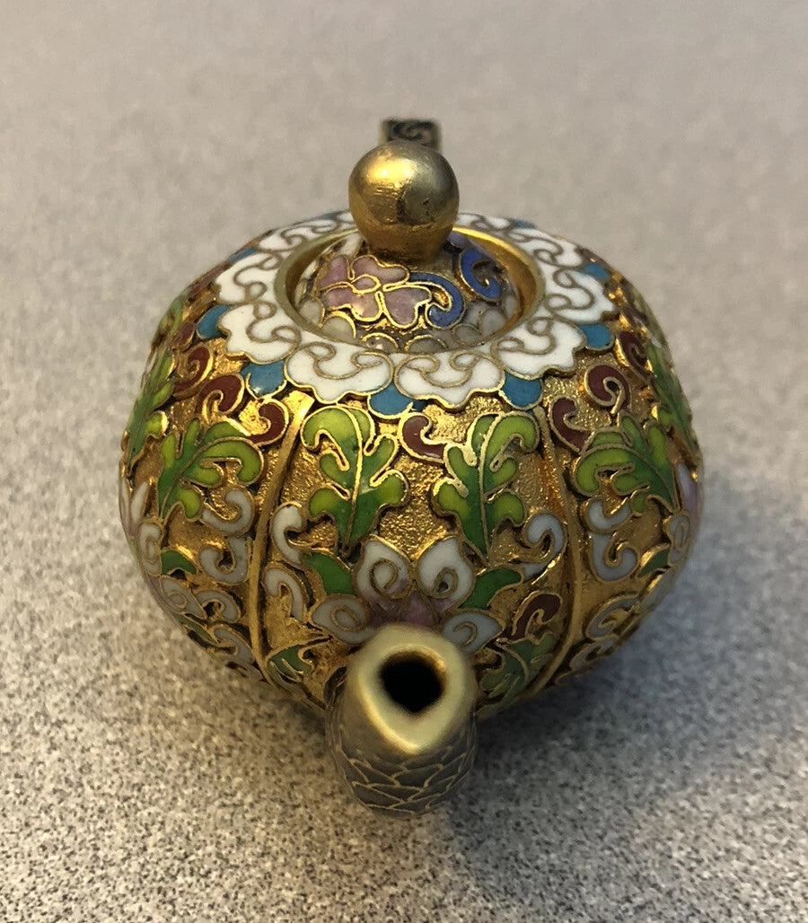 Vintage Cloisonne Enamel and Bronze Small "Pumpkin" Teapot, Black Tip, Pink Top