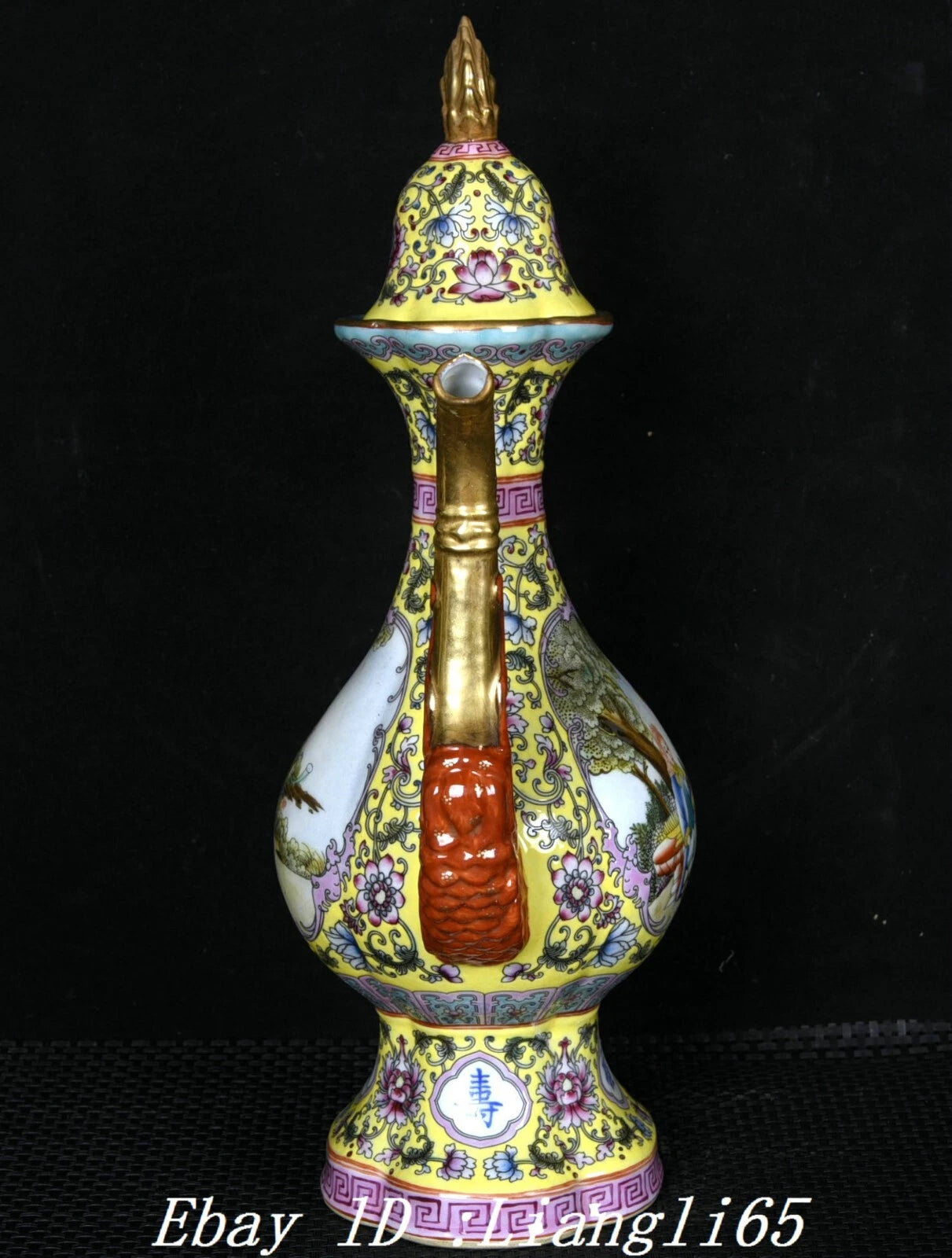 12.5" Qing Enamel Colour Porcelain Gilt Dragon Handle Beauty Wine Tea Pot Flagon-