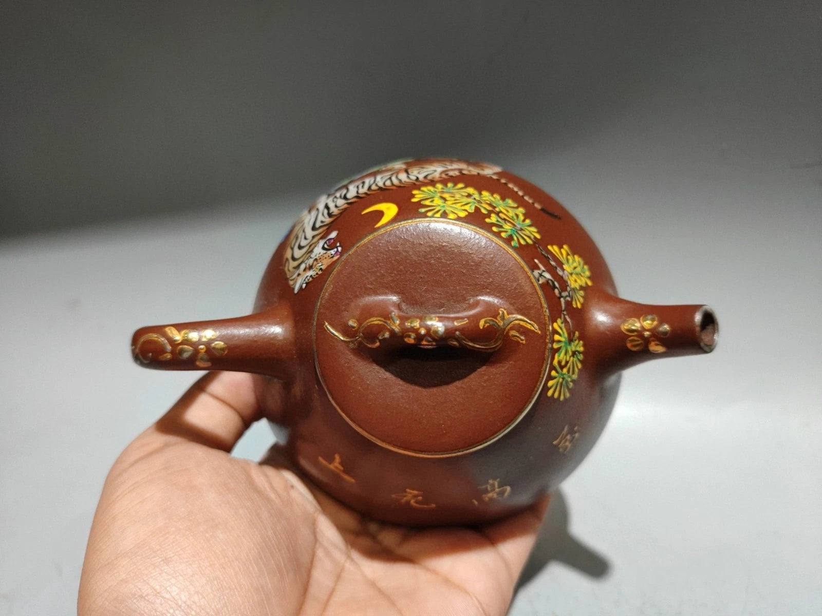 Yixing Zisha Pot Scholarly Aesthetic Kettle Ceramic Enameled Gilded Carved Tiger