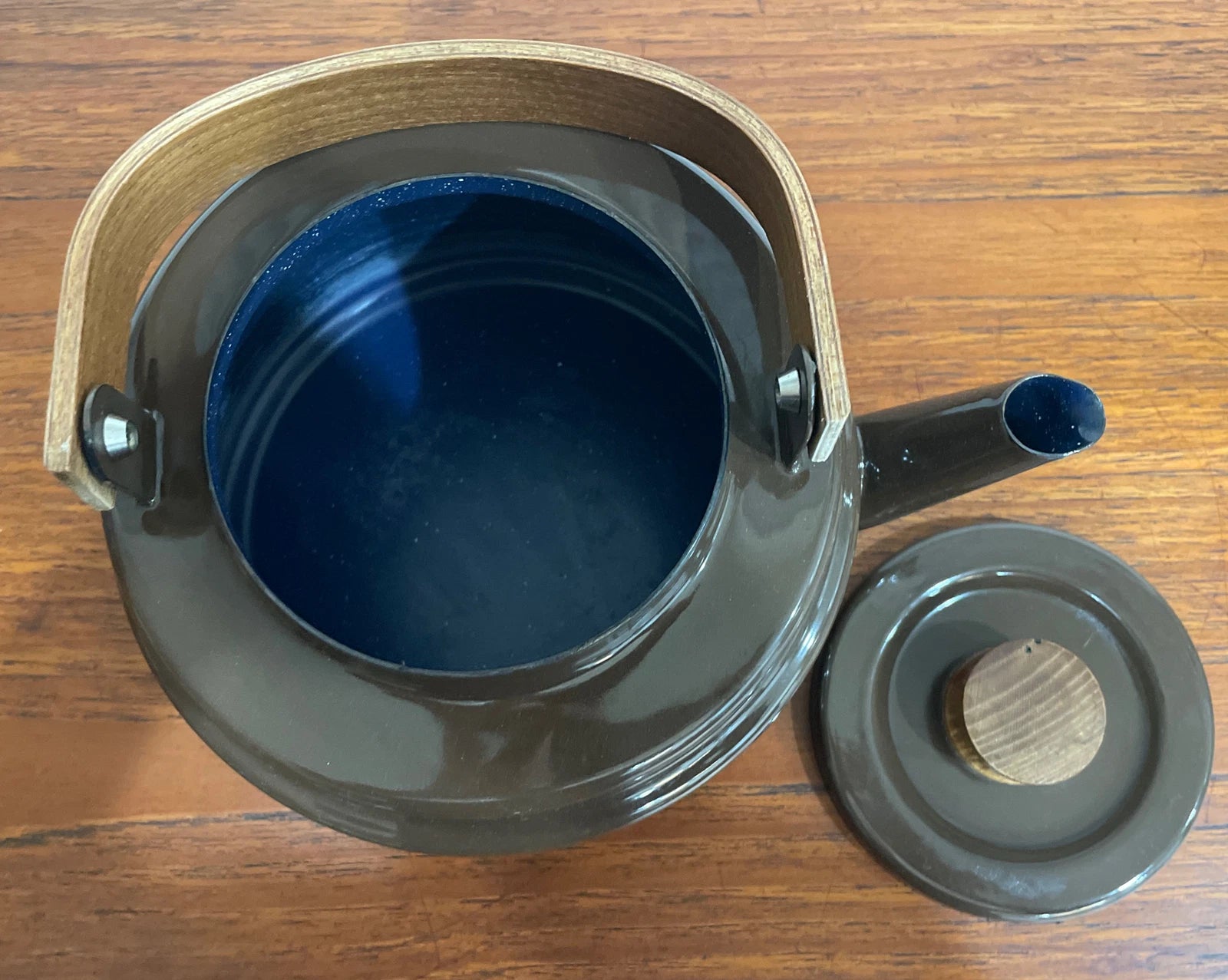 Mid Century Brown Enamel Tea Pot with Blue Enamel Interior