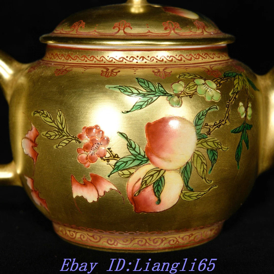 5.9" Old Qing Dynasty Enamel Colour Porcelain Gilt Peach Wine Tea Pot Flagon-