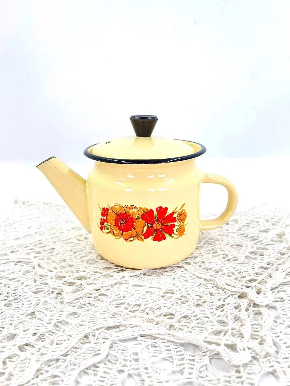 Vintage yellow enameled kettle pitcher 0.5 l Kitchen enamel coffee pot Metal tea