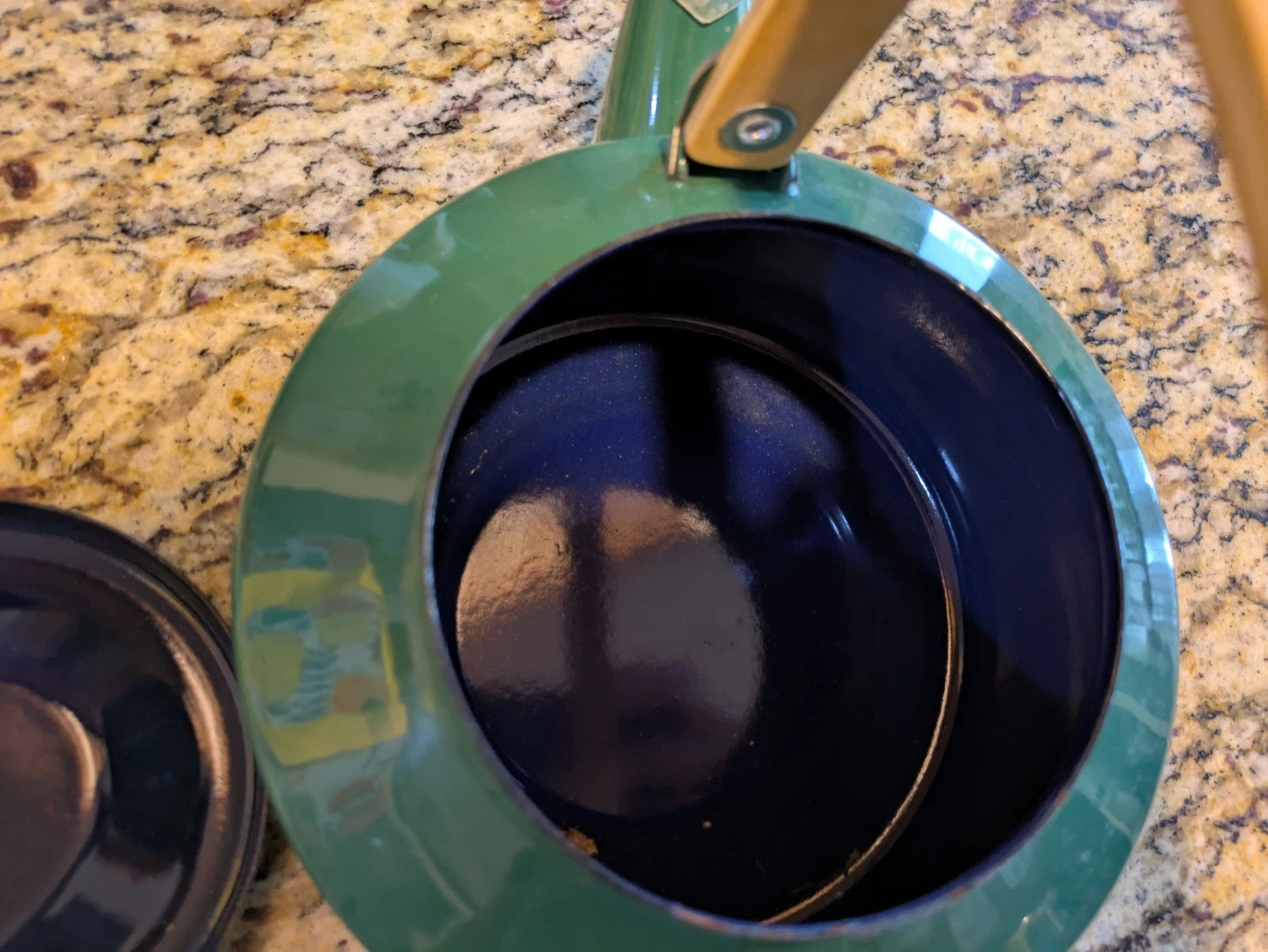 Vintage Green Enamel Tea Kettle with Wood Handle