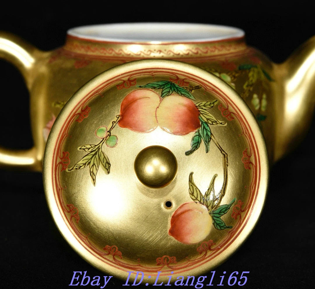 5.9" Old Qing Dynasty Enamel Colour Porcelain Gilt Peach Wine Tea Pot Flagon-