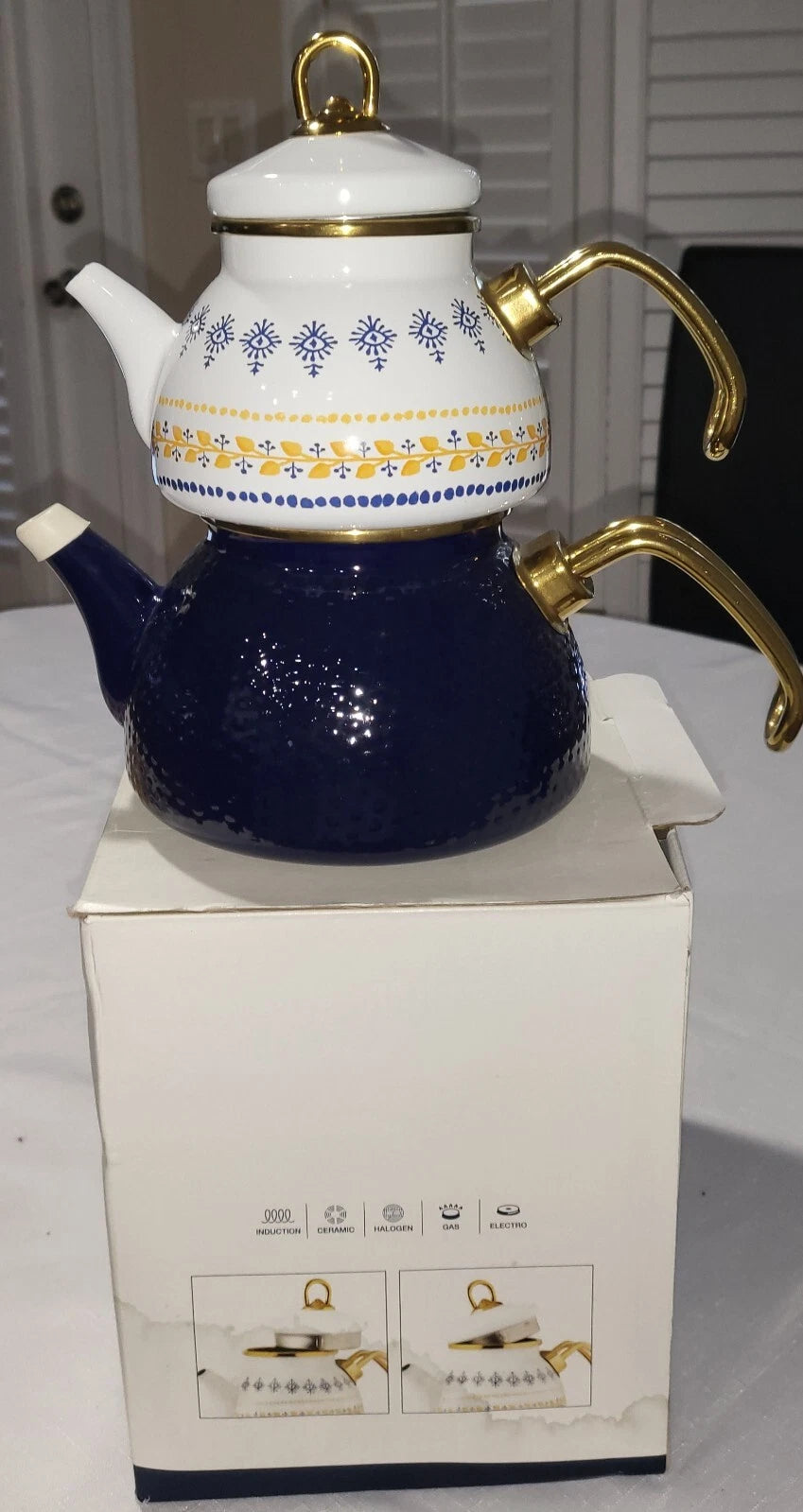 Ethnic Enamel tea pot set, NEW,  in box, set 3 pcs, Upper 0.5 LT / Lower 1.1 LT