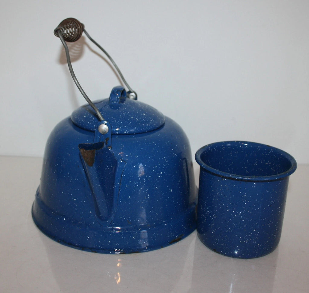 Blue Speckled Enamelware 10 Cup Coffee Teapot and Cup