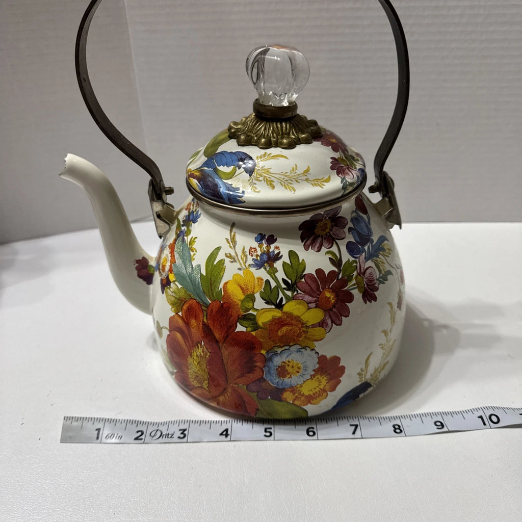 MacKenzie-Childs White Flower Market 3 Quart Qt Tea Kettle Enamel Teapot