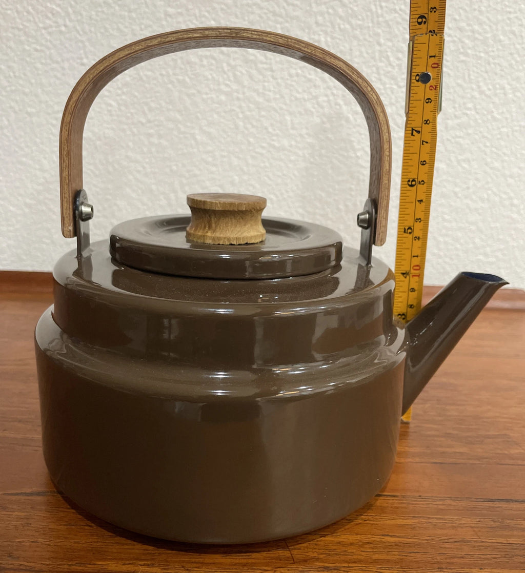 Mid Century Brown Enamel Tea Pot with Blue Enamel Interior