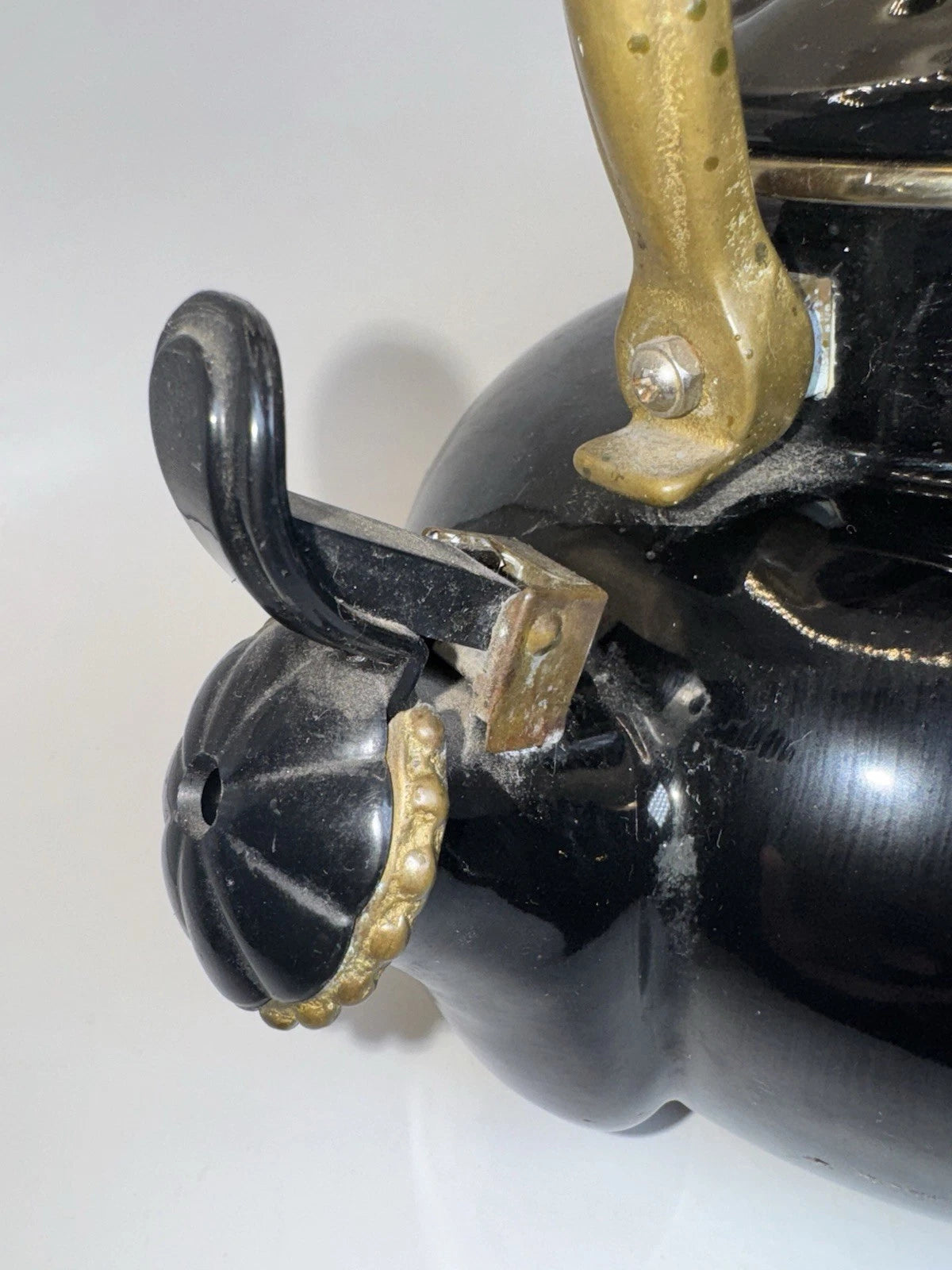 Vintage Black Enamel Tea Kettle with Brass Handle & Lid Farmhouse Kitchen Decor