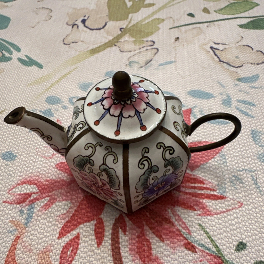 Mini Chinese Cloisonné Enameled Floral Glaze White Blue Pink Teapot 4” L - 3” H