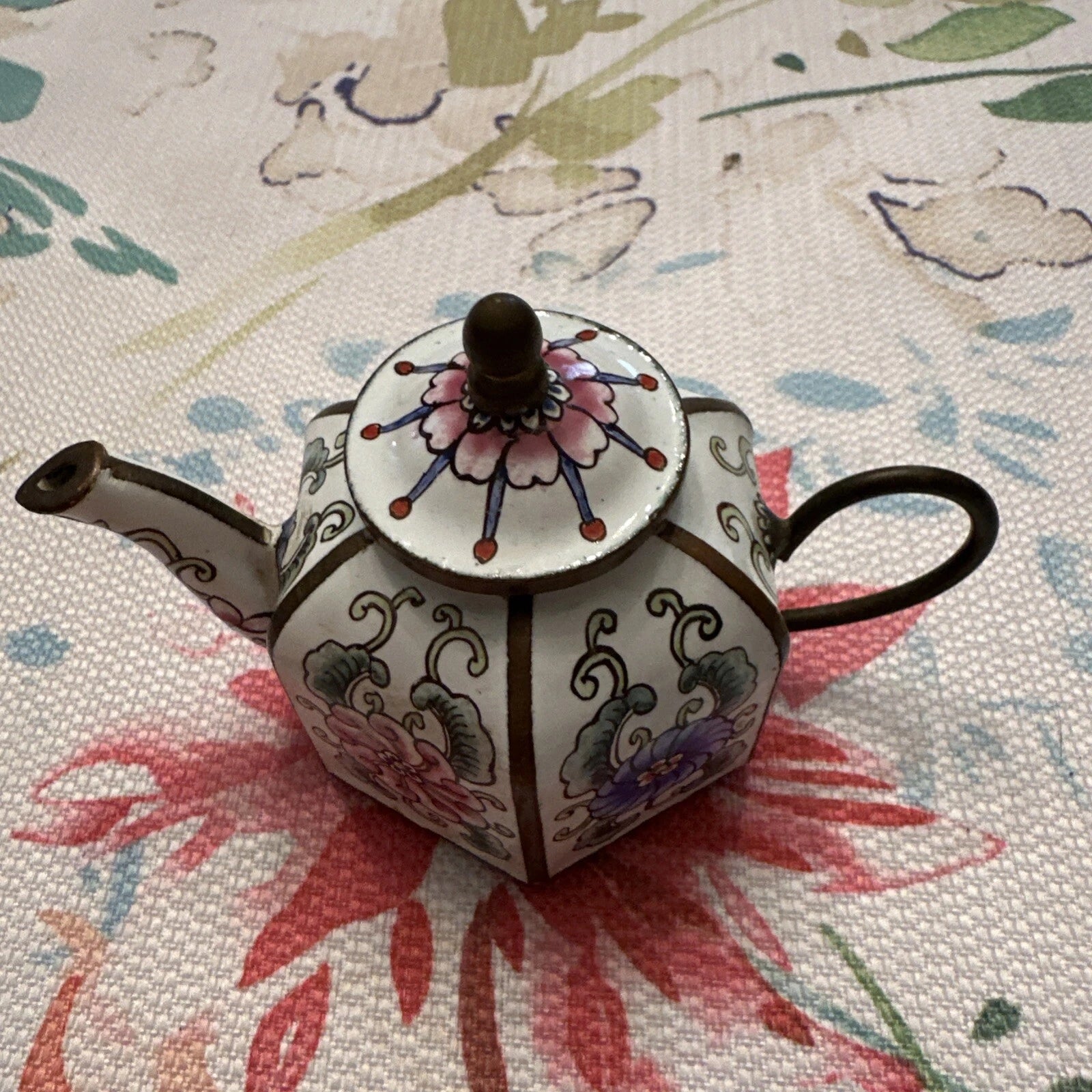 Mini Chinese Cloisonné Enameled Floral Glaze White Blue Pink Teapot 4” L - 3” H