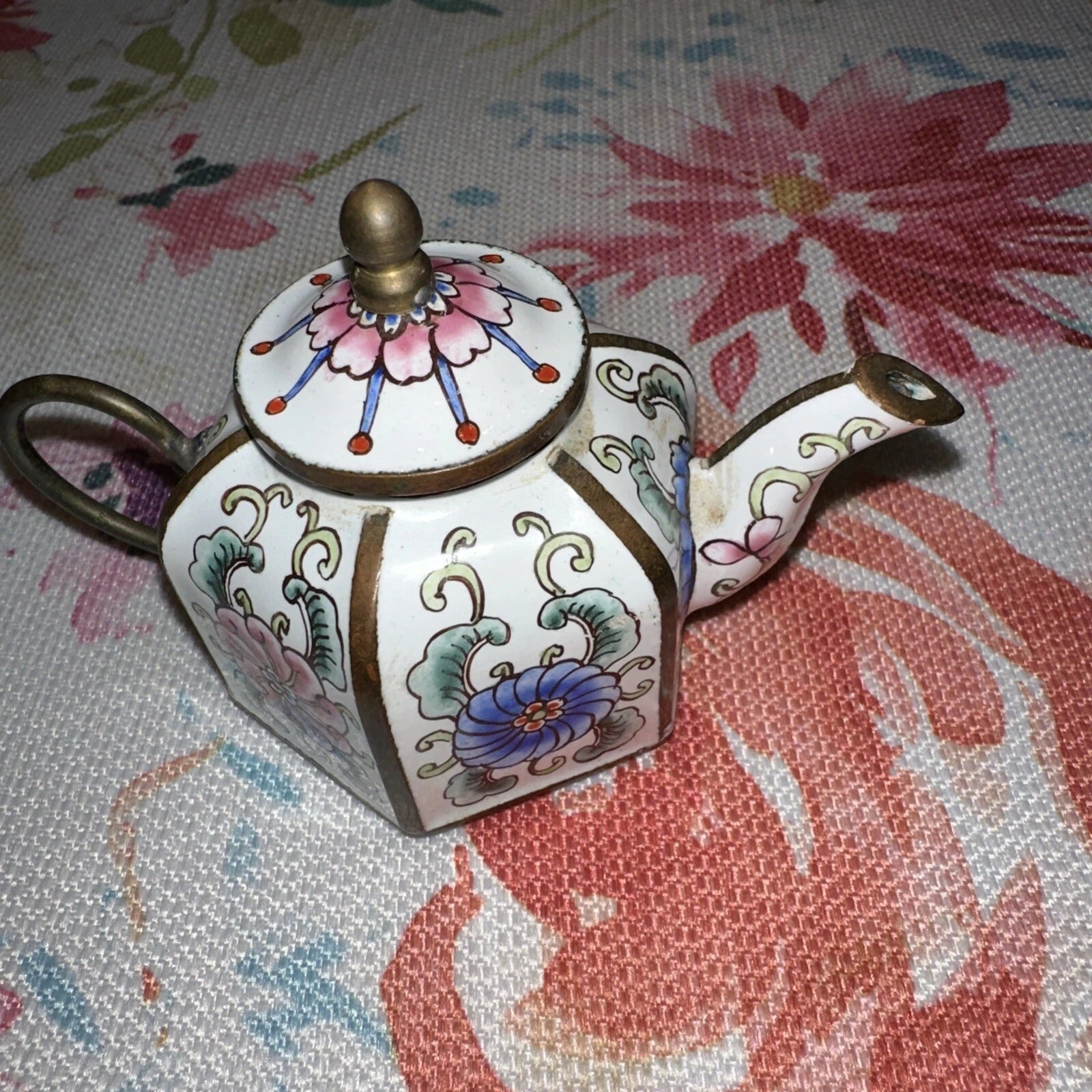 Mini Chinese Cloisonné Enameled Floral Glaze White Blue Pink Teapot 4” L - 3” H