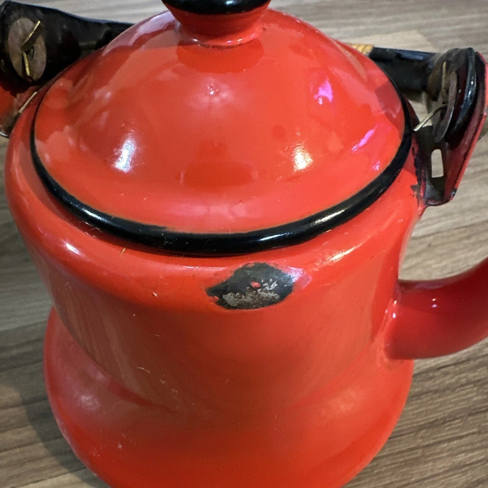 Vintage Midcentury Modern Enamelware Teapot OTTO Japan Bamboo Handle Preowned