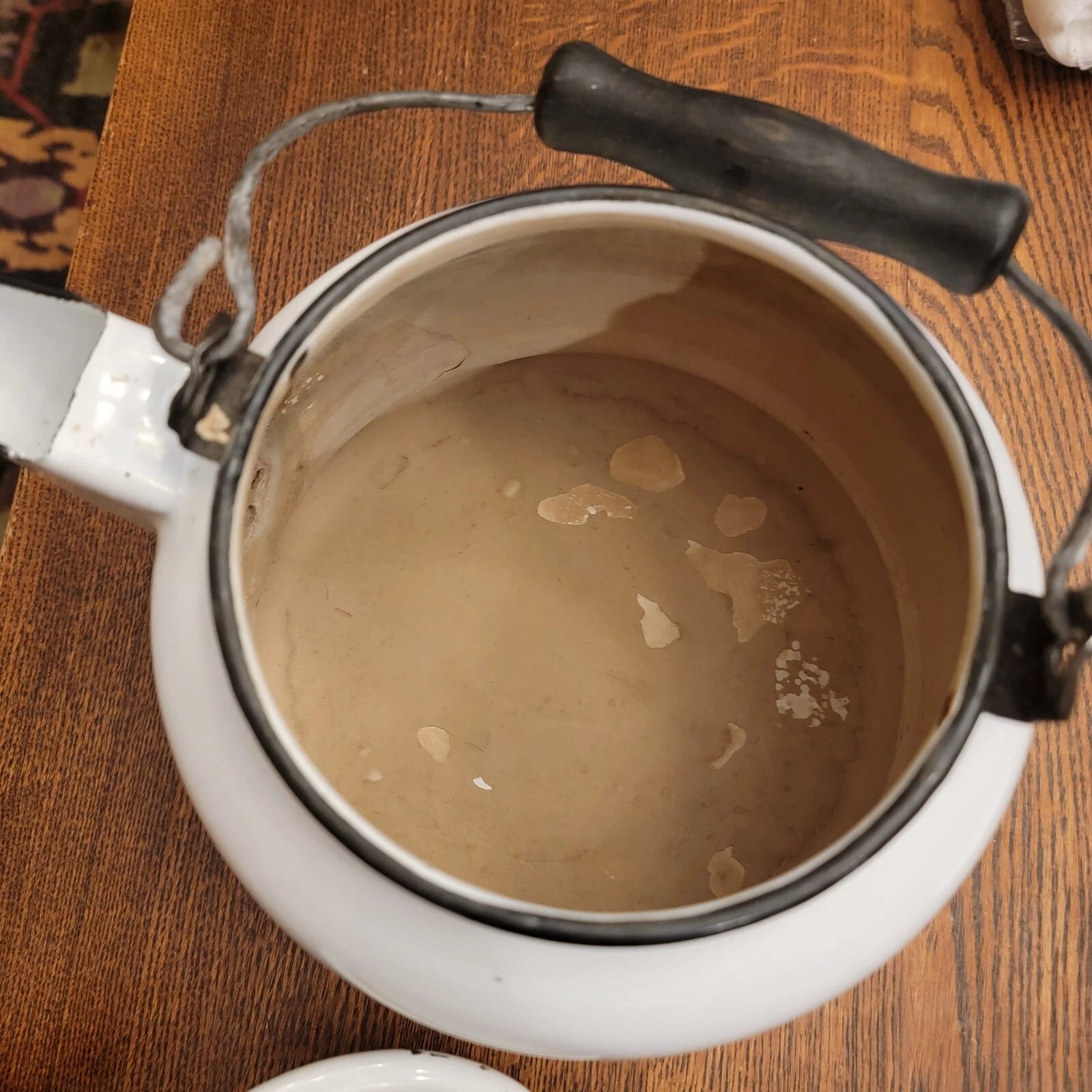Vintage Enamelware Tea Kettle White Black