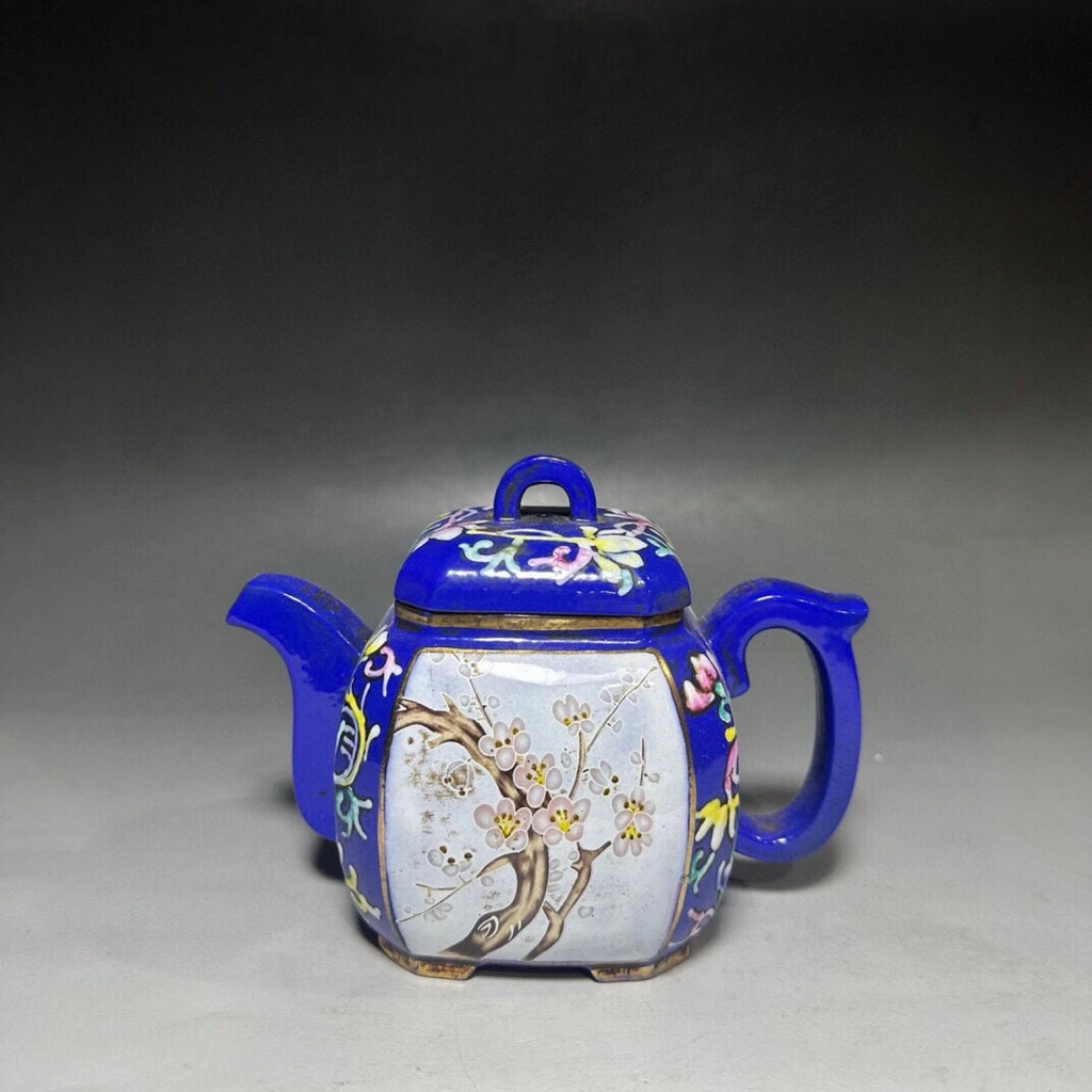 Purple Clay Teapot Gongfu Strainers Zisha Sculpture Square Chamfered Enamel Hand
