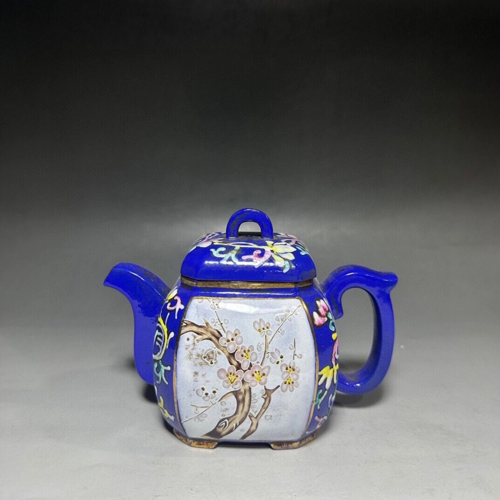 Purple Clay Teapot Gongfu Strainers Zisha Sculpture Square Chamfered Enamel Hand