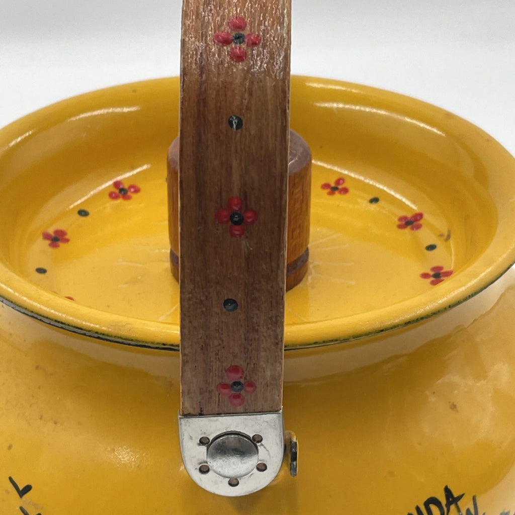 Vtg Hand Painted MCM Yellow Enamel Tea Kettle with Teak Wood Handle and Knob