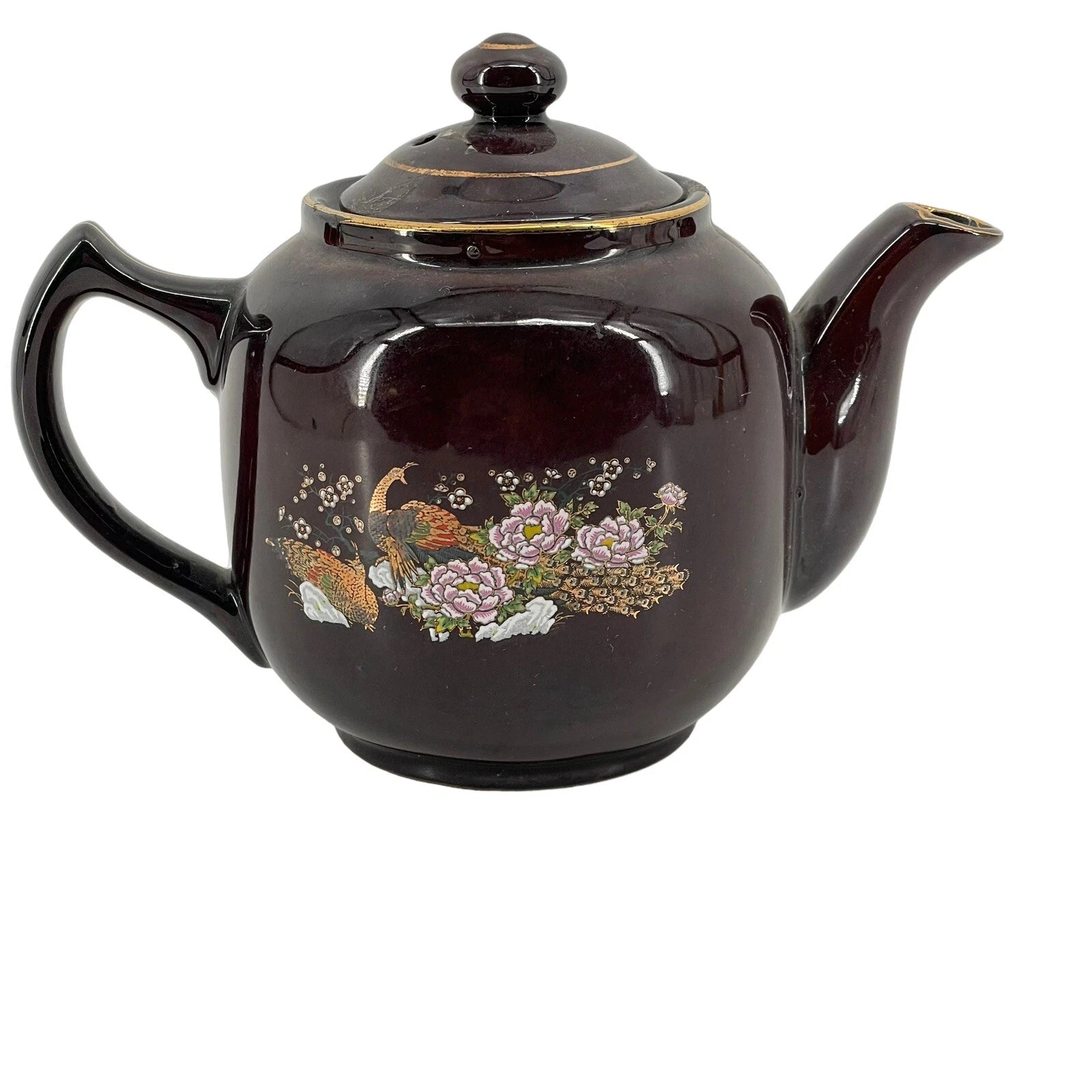 Vintage Japan Moriage Teapot – Burgundy Redware w Peacock & Floral Raised Enamel