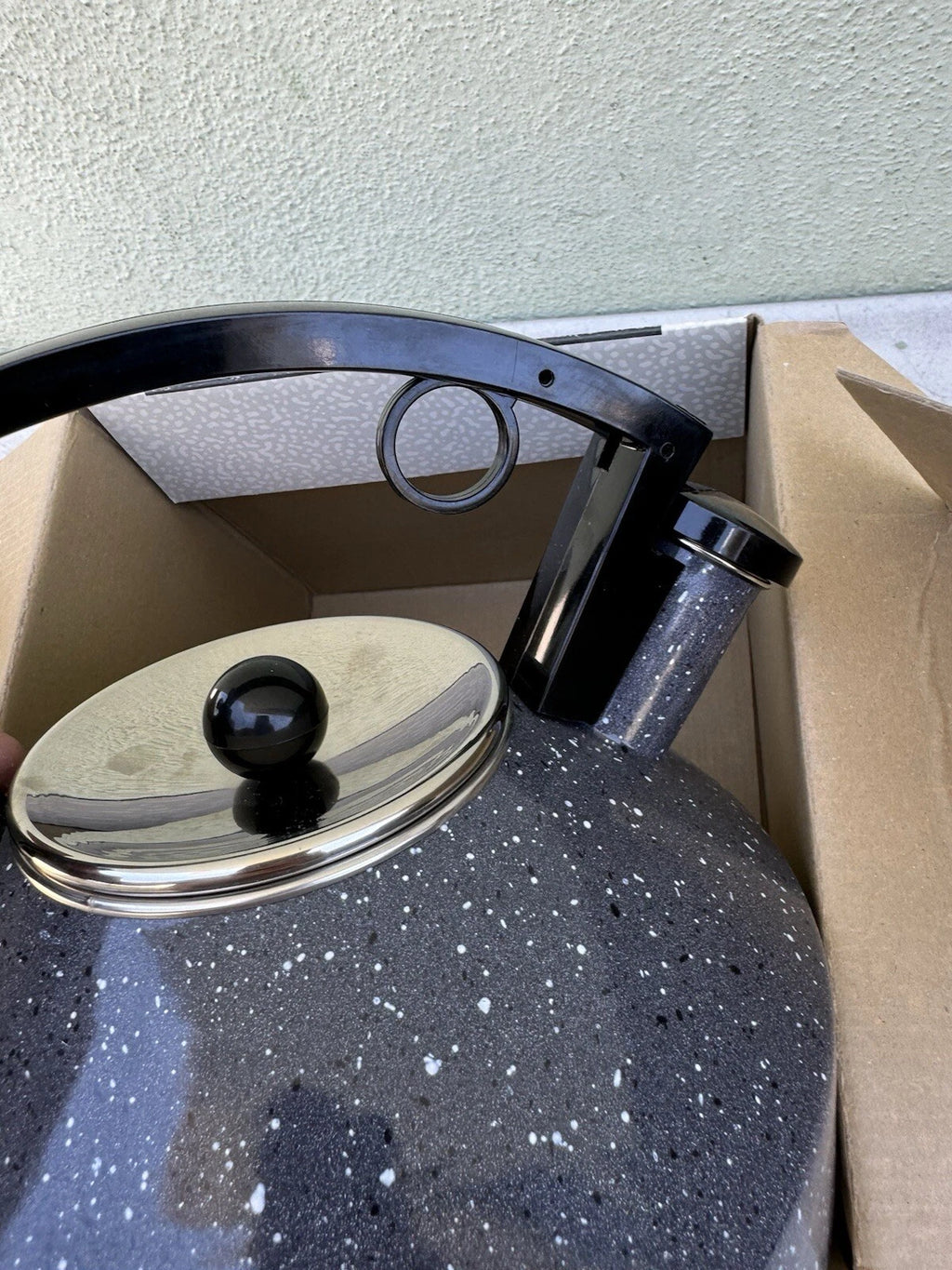 Vintage Copco Jazz Whistling Enamel Tea Kettle Pot 2.5qt Art Deco Dark Granite