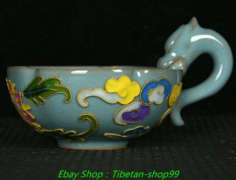 7''Old Song Ru Kiln Enamel Colour Porcelain Crane Wine Cup Tea Pot Flagon Set