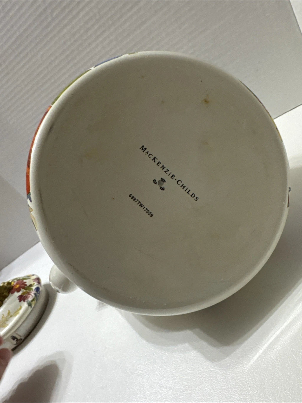 MacKenzie-Childs White Flower Market 3 Quart Qt Tea Kettle Enamel Teapot