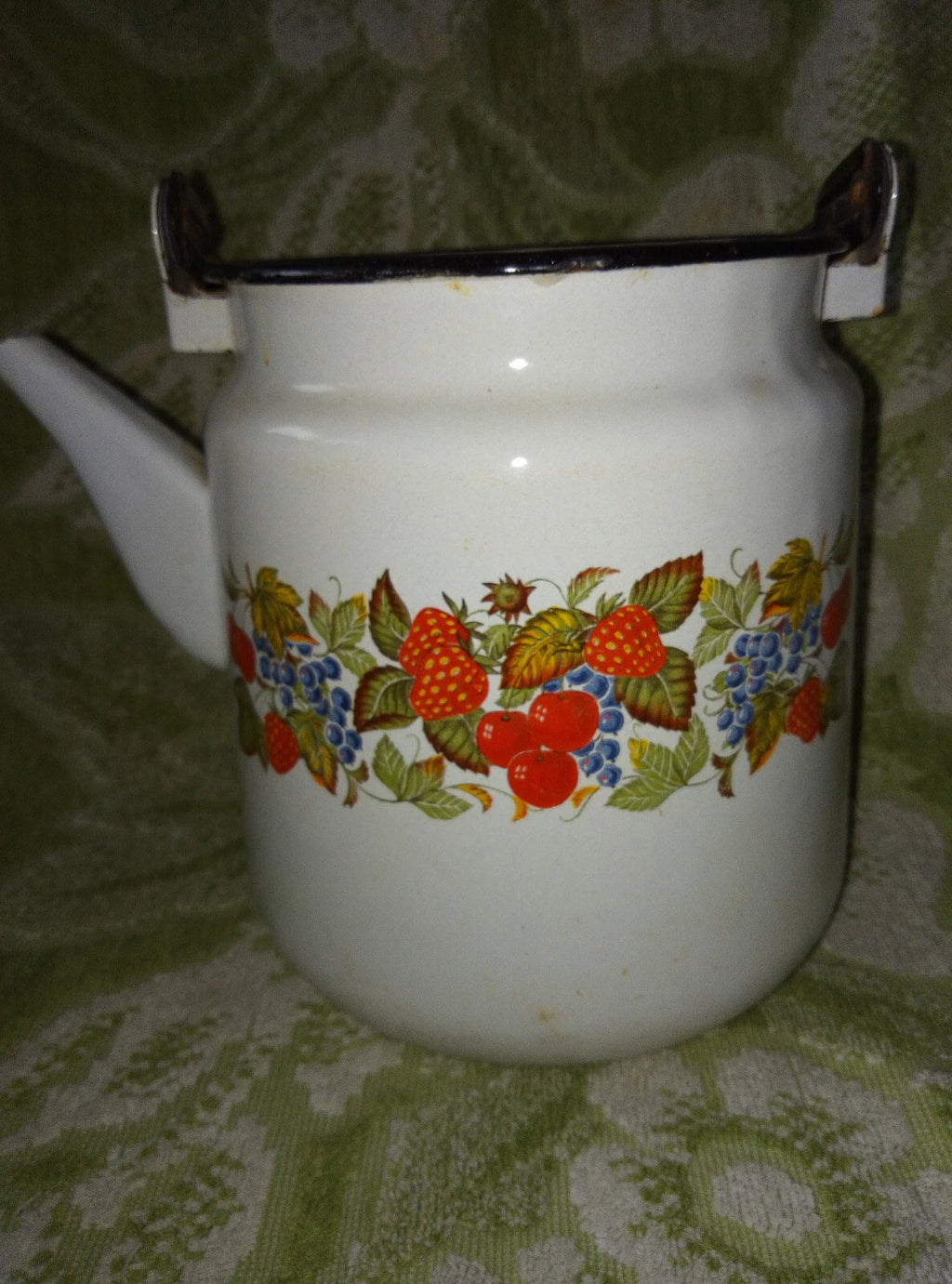 Vintage 70’s Red berries White Enamel Teapot Metal Kettle