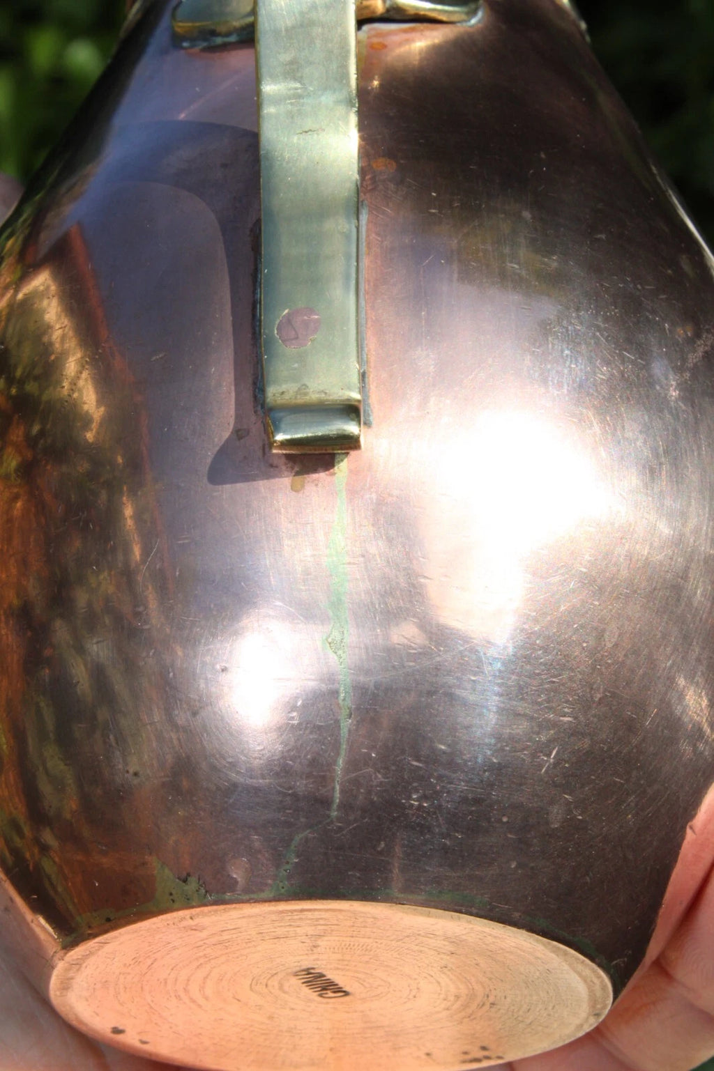 Antique Tea Pot Blue Enamel Chinese Solid Copper w/Brass Handle 6.25" Vintage