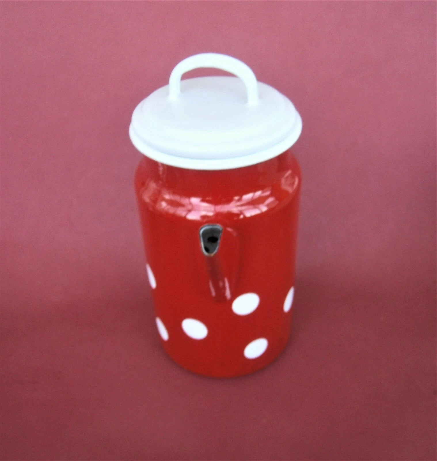 Vintage Munder Email Enamel Tea Pot Red Water Jug with Lid Polka Dots Germany