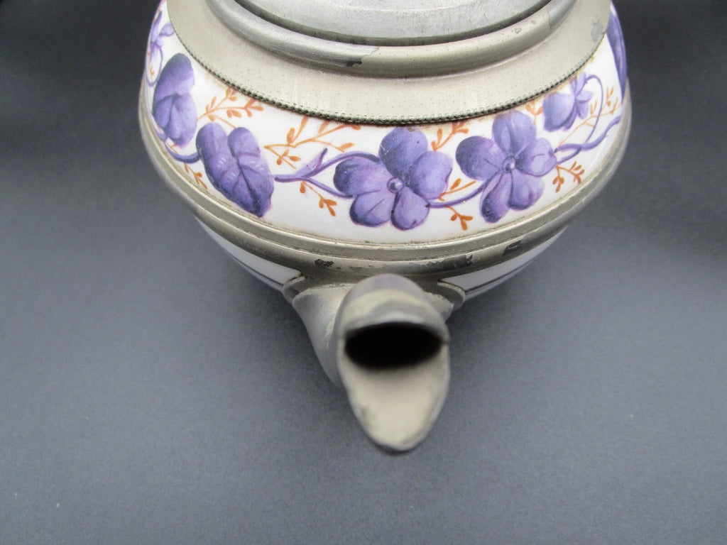 Graniteware enamel pewter teapot purple floral design Manning, Bowman Co.