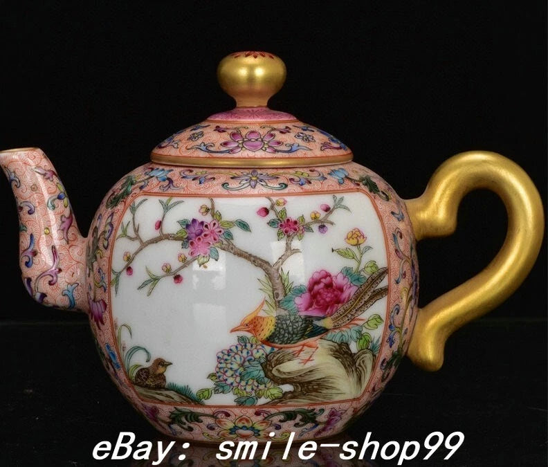 7" Qianlong Dynasty Enamel Colour Porcelain Gilt Fengshui Flower Bird Kettle Pot