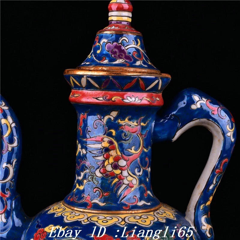 12.5" Enamel Colour Porcelain Gilt Kylin Kirin Phoenix Birds Wine Tea Pot Flagon-