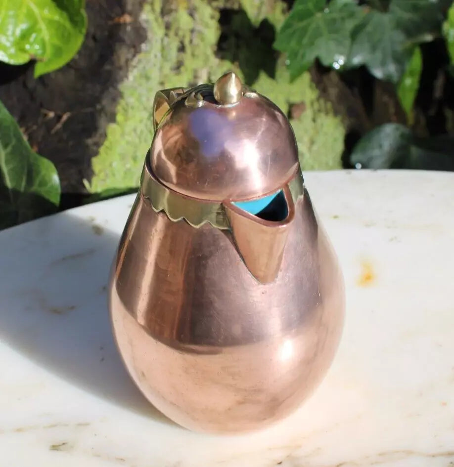 Antique Tea Pot Blue Enamel Chinese Solid Copper w/Brass Handle 6.25" Vintage