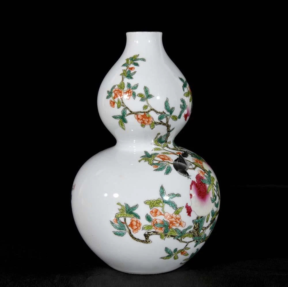 Yongzheng Signed Old Chinese Colour Enamel Gourd Vase W/flower N3292