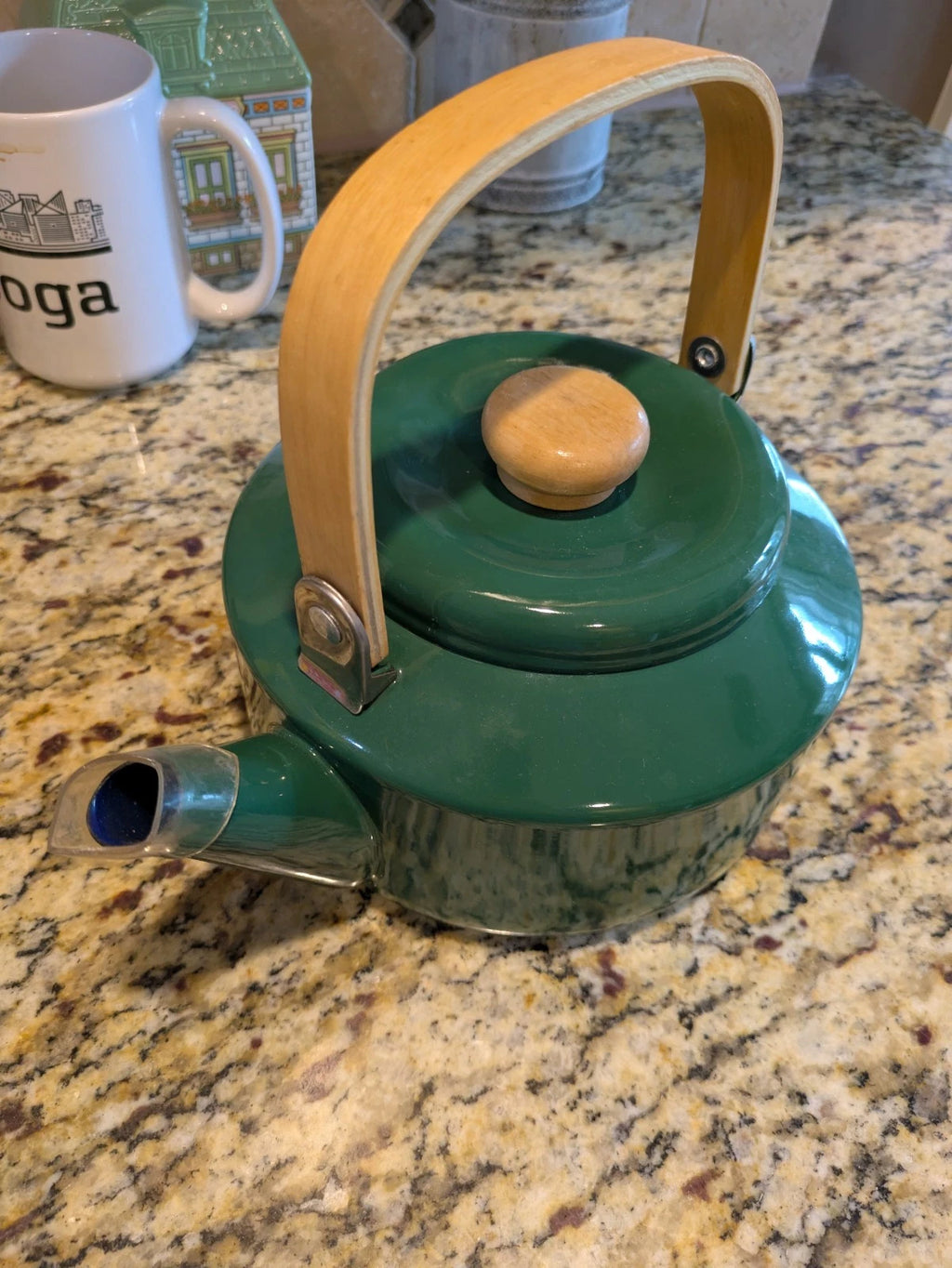 Vintage Green Enamel Tea Kettle with Wood Handle