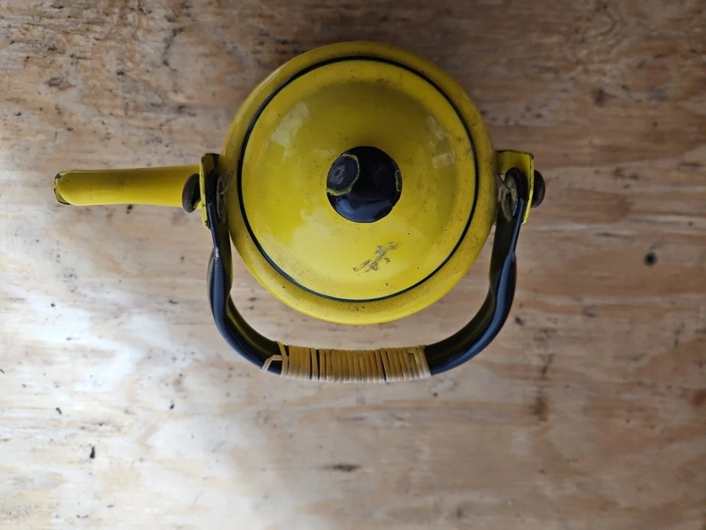 Vintage yellow and black enamel teapot kettle with handle and lid Japan