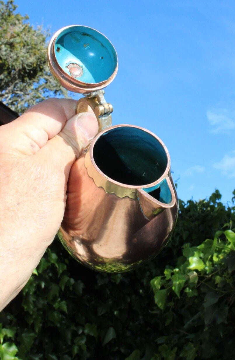 Antique Tea Pot Blue Enamel Chinese Solid Copper w/Brass Handle 6.25" Vintage