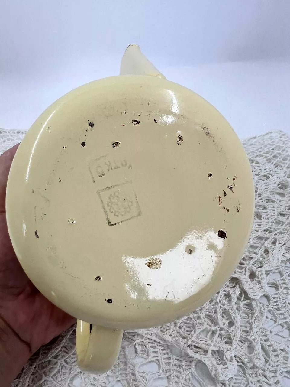 Vintage yellow enameled kettle pitcher 0.5 l Kitchen enamel coffee pot Metal tea